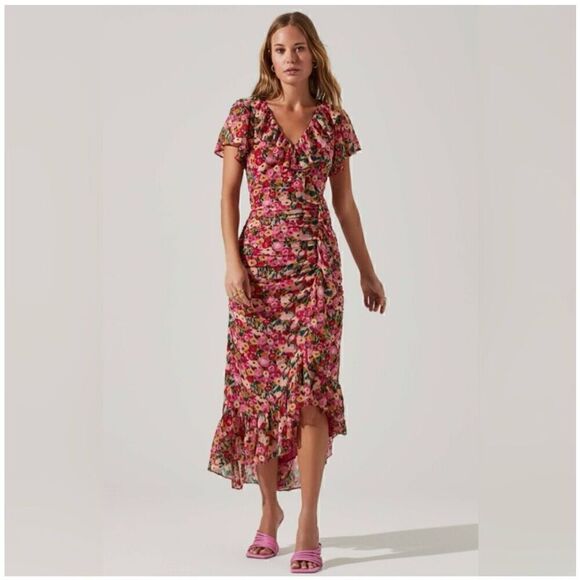 Astr the Label Vilma Floral Ruched Ruffle Detail Asymmetrical Hem Midi Dress - Picture 1 of 16
